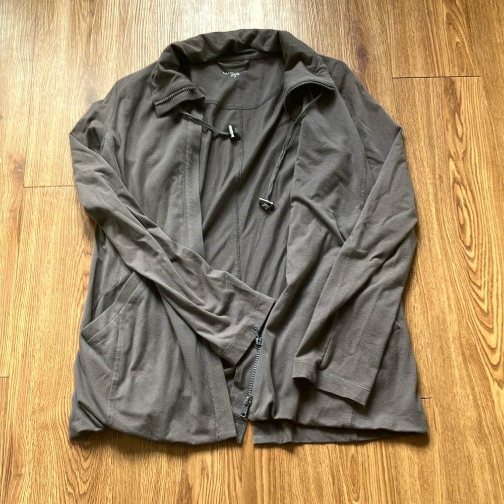 Eileen Fisher Jacket Organic Cotton gray Jersey Full Zip Drawstring Collar